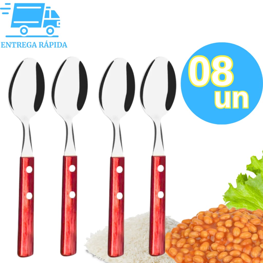 Kit 8 Colher Talher de Mesa Aço Inox Premium Cabo de Madeira para Casas Restaurantes Bares Buffet