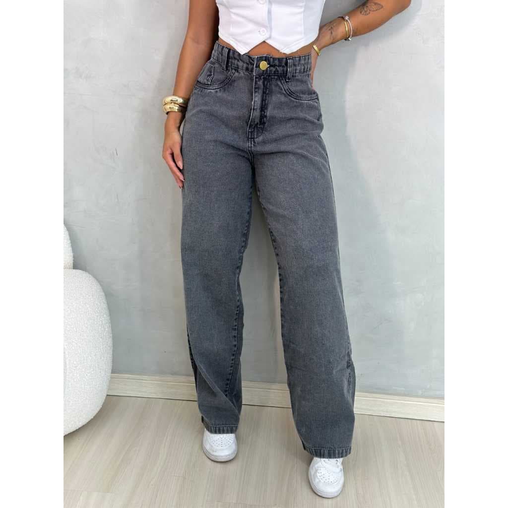 Calça jeans feminina wide legue cinza grafite moda gringa.