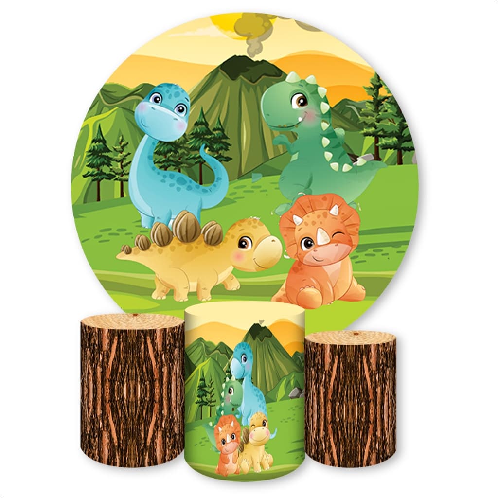 Kit Painel Redondo + Capas de Cilindro Sublimados Para Festa Tema Dino Baby