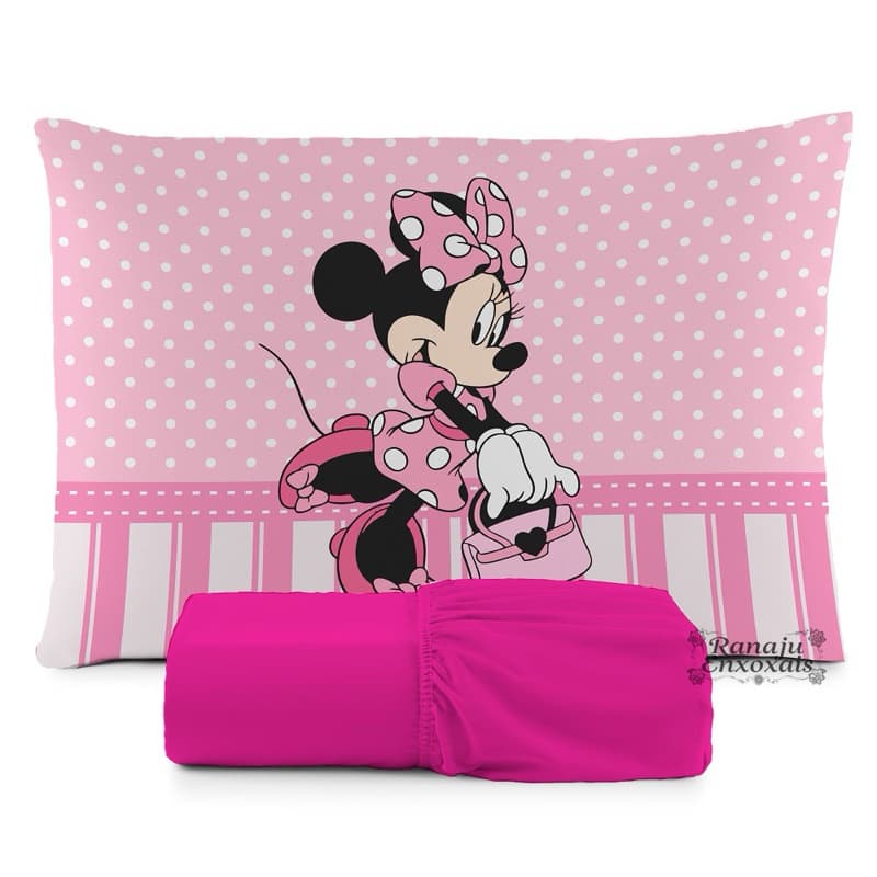 JOGO DE LENÇOL SOLTEIRO 2 PEÇAS, LENÇOL DE ELASTICO, CAPA DE TRAVESSEIRO, MINNIE ROSA