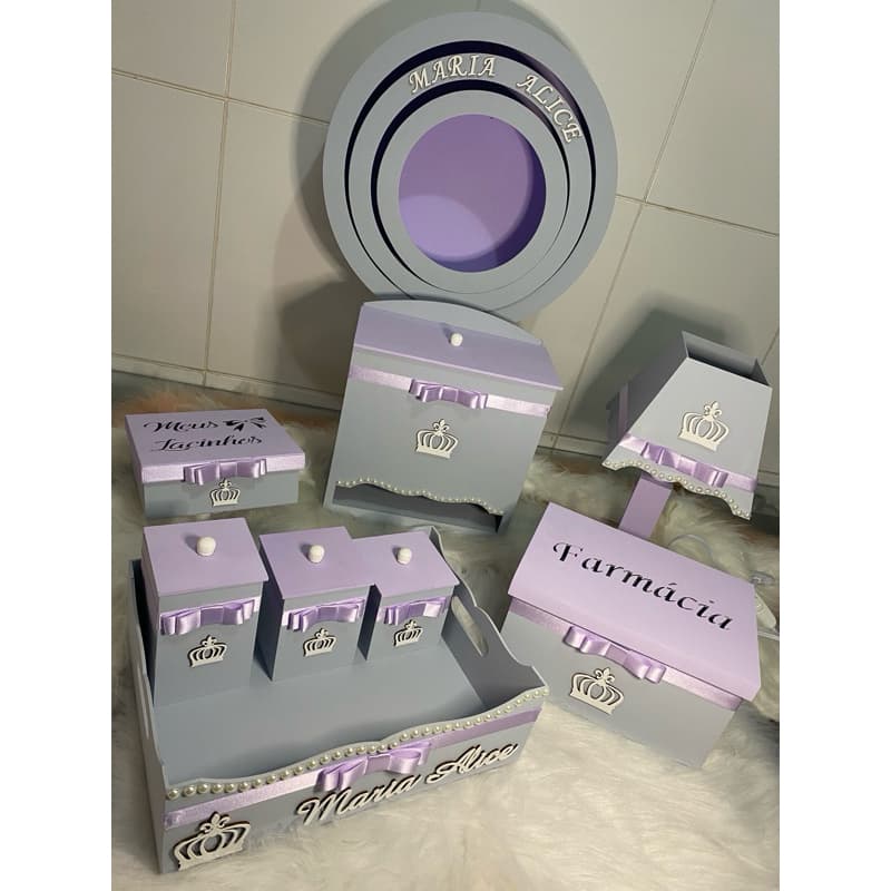 Kit Bebê 8 Peças Cinza com Lilás.