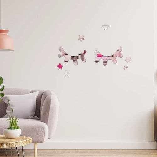 Kit Cílios e Estrelas Decorativo em Acrílico Espelhado Rosê Gold Dourado Parede Infantil Lash Design Moderno
