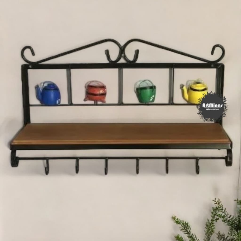 Suporte parede decorativo ferro madeira jequitibá bules oferta da fabrica