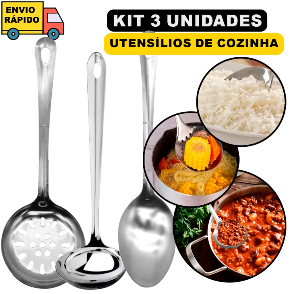 Kit De Utensílios Inox Para Cozinha Colher De Arroz E Concha de Feijão E Escumadeira de Frituras