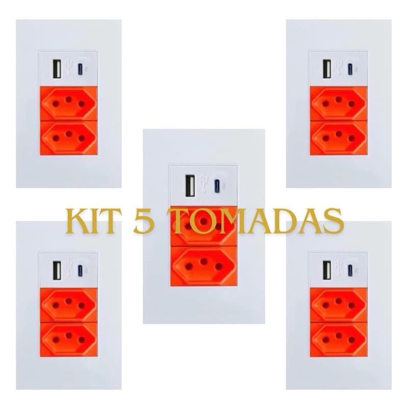 kit 5 Tomadas de Parede Dupla PINO GROSSO 20A Com Usb E TIPO C 5V Bivolt 3 pinos finos - 4 em 1 Multi Carregamento
