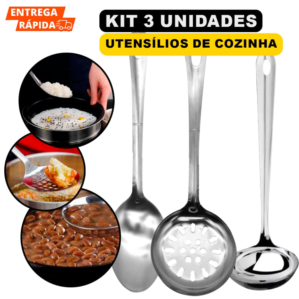Jogo De Utensílios 3 Pçs Para Servir Inox Colher De Arroz e Concha de Feijão e Escumadeira