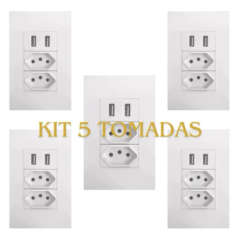 kit 5 Tomadas de Parede Dupla Com Entrada Usb DUO 5V Bivolt 3 pinos finos - 4 em 1 Multi Carregamento
