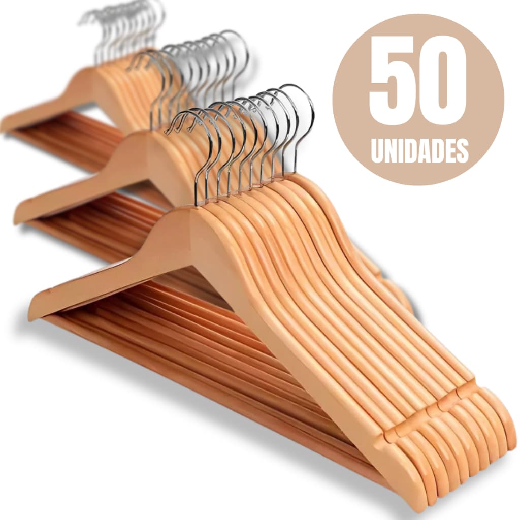 Kit 50 Cabides Madeira Marfim Envernizado Premium Adulto Saia Vestido Calça Bermuda