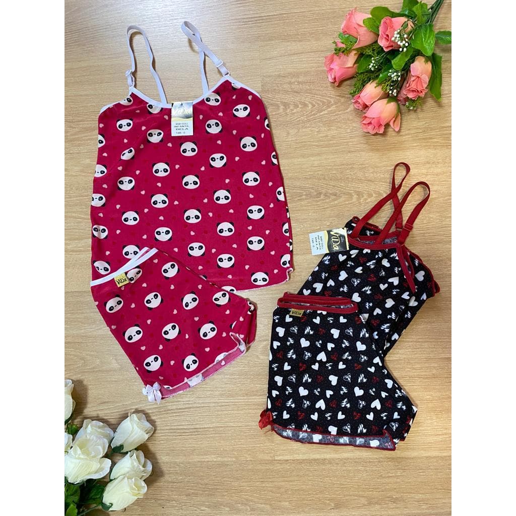 kit 3 baby doll infantil liganete estampado short blusa alças ajustáveis menina moça juvenil pijamas