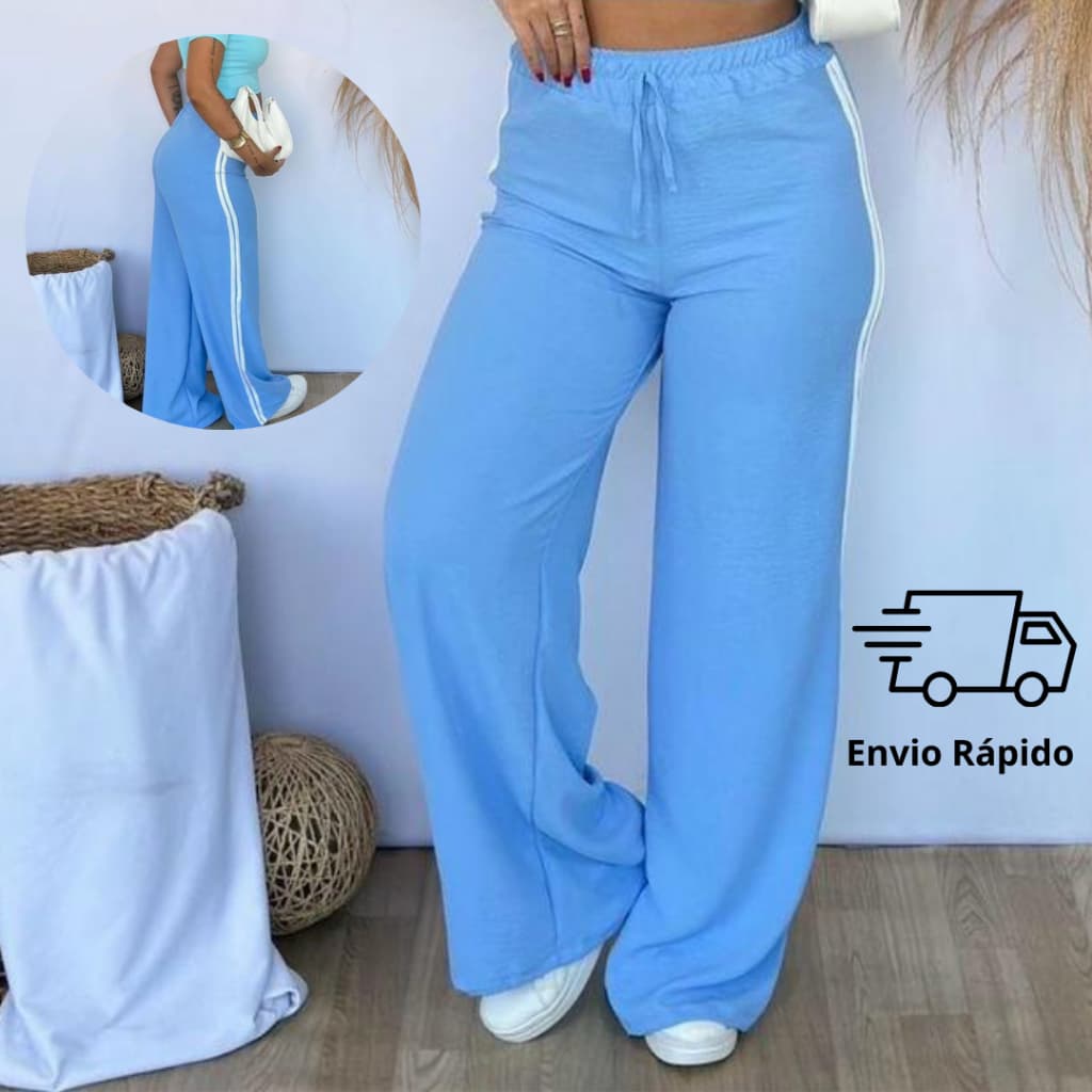Calça Pantalona Feminina Sem Bolso e Cintura Alta TrackPants Listrada