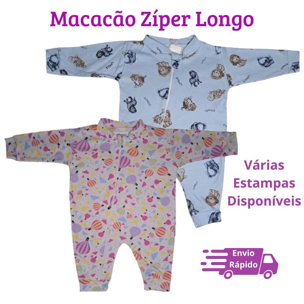 Macacão Bebê de Zíper Longo - Estampado 100% Algodão de Suedine P M G