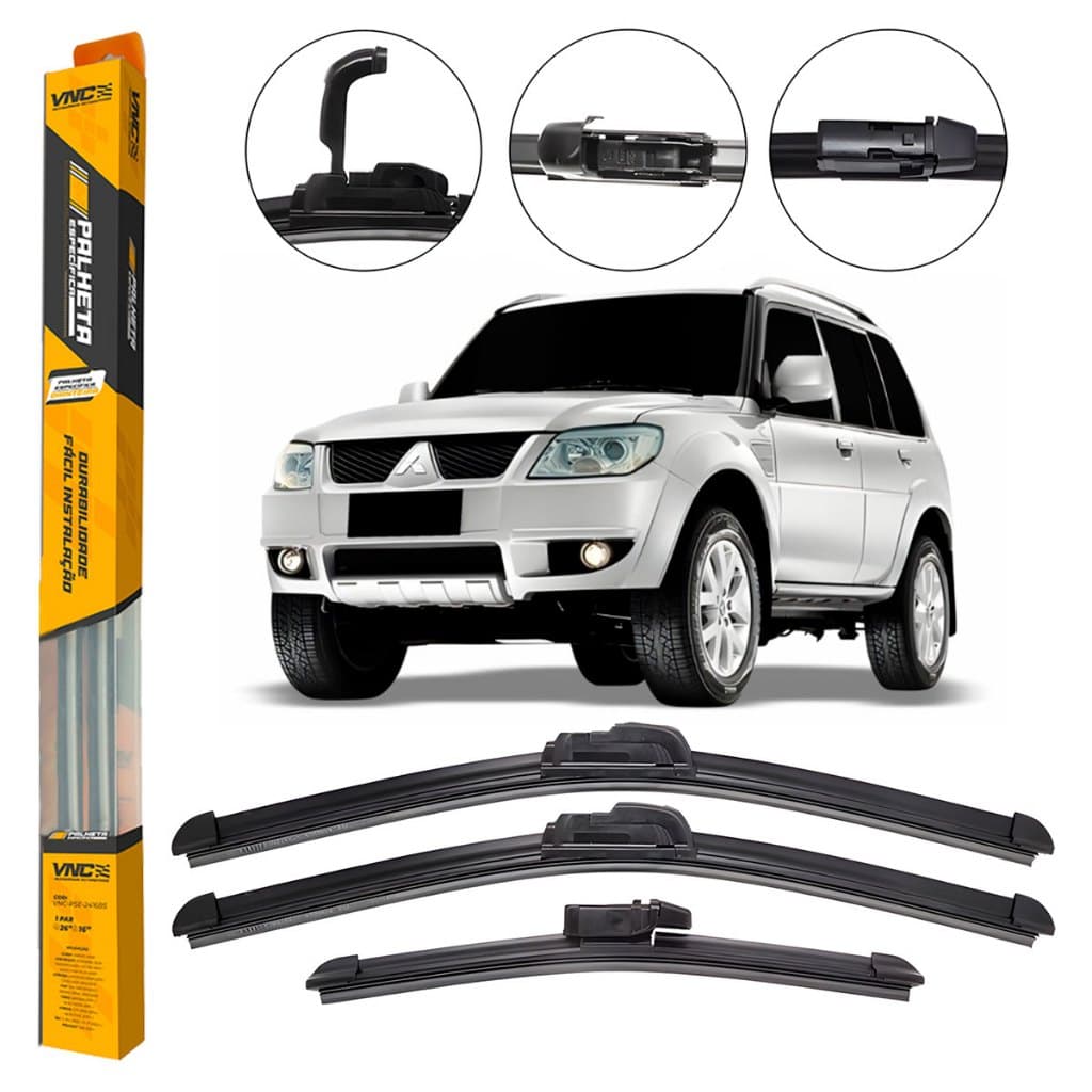 Kit 3 Palhetas Limpador De Parabrisa Dianteiro + Traseiro Para Mitsubishi Pajero TR4 2010 até 2015