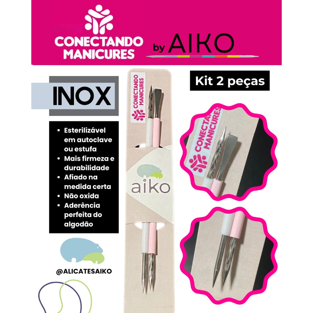 Conectando Manicures by Aiko kit 2 instrumentos Inox Manicure Pedicure Espátula, Palito, Bastão