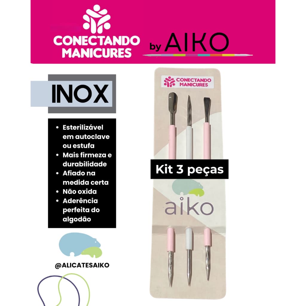 Conectando Manicures by Aiko kit 3 instrumentos Inox para Manicure Pedicure Espátula, Palito, Bastão
