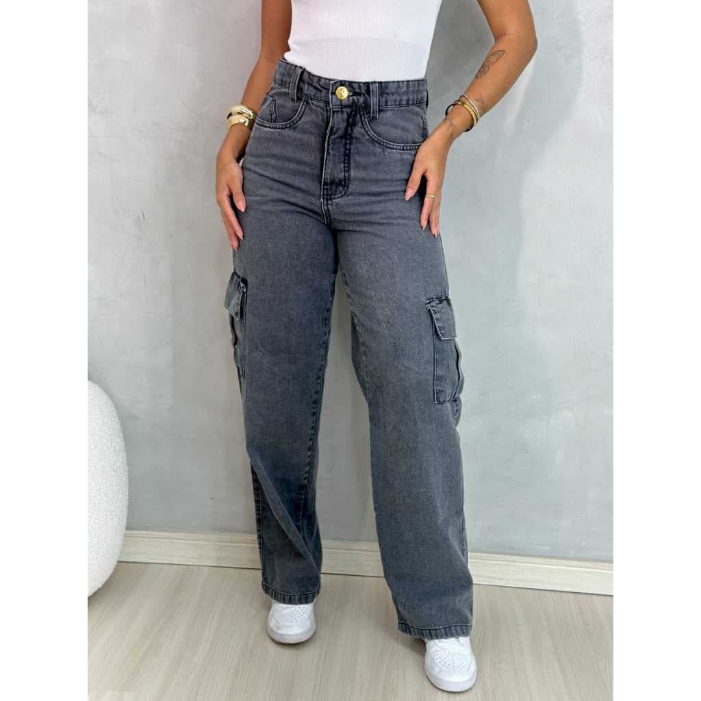 Calça jeans feminina cargo cinza grafite moda casual chic moda blogueira