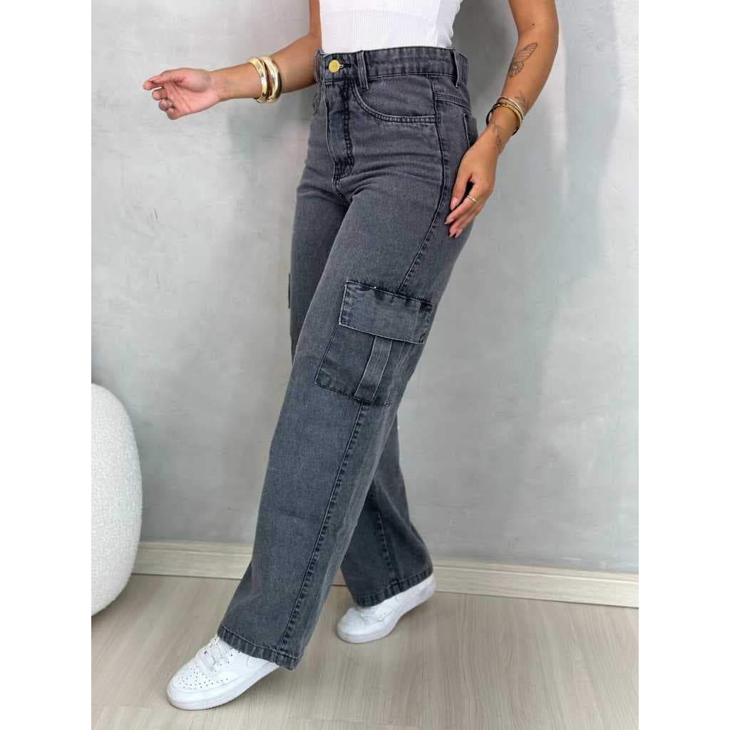 Calça jeans feminina cargo cinza grafite moda casual chic moda.