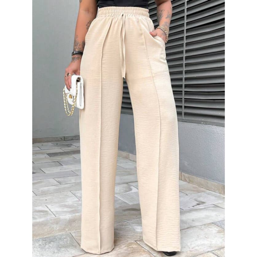 Calça Pantalona Wide leg Feminina com Bolso e Elástico Cintura Alta Tecido Duna