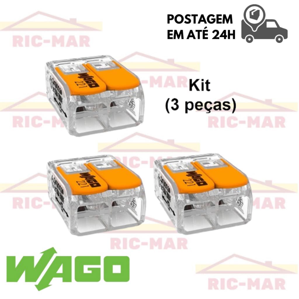Kit para Chuveiro Conector WAGO Emenda 3 Peças Fio 0,5 - 6mm² 41A 221-612 2 vias ORIGINAL