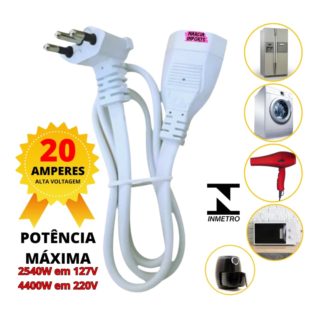 Cordão Prolongador de 20Amperes com 80cm de cabo e plug 90ºgraus de Alta Qualidade perfeito para Geladeira
