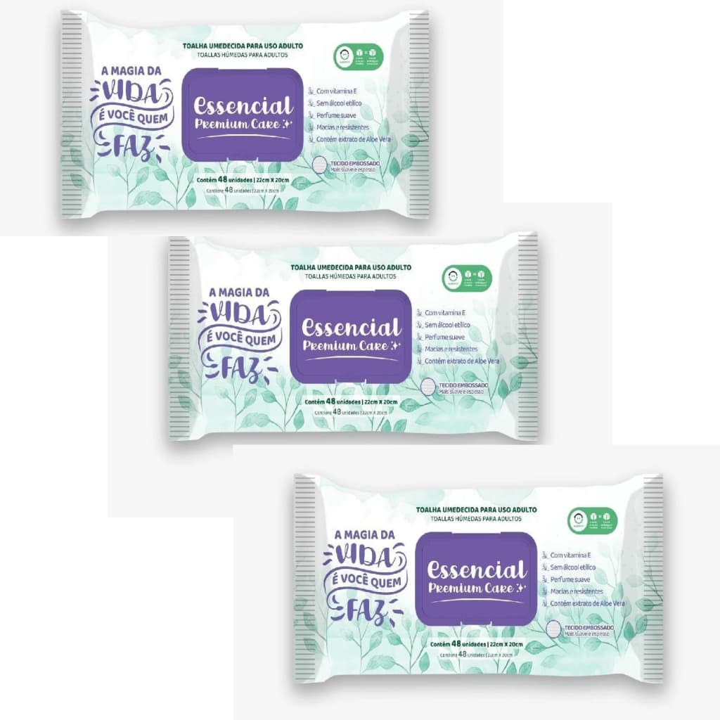 Kit com 3 Pacotes de Toalhas Umedecidas Geriátricas Essencial Premium Care – 48 Unidades Cada