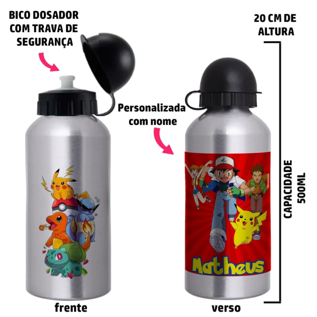 Garrafa Squeeze de alumínio  Personalizada com nome - Pokemon