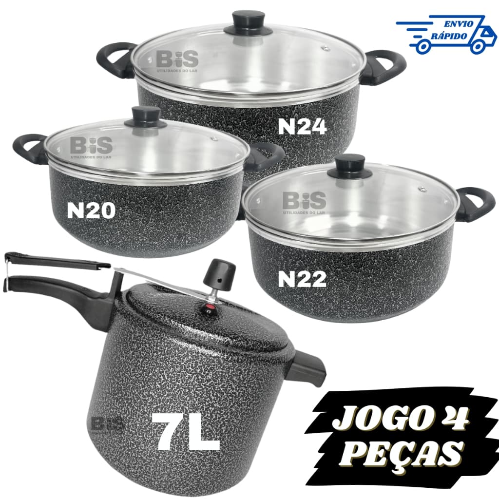 Jogo 4 Peças Com 3 Panelas Tampa de Vidro 20/24 + Panela De Pressão 7 Litros Preta Craqueada