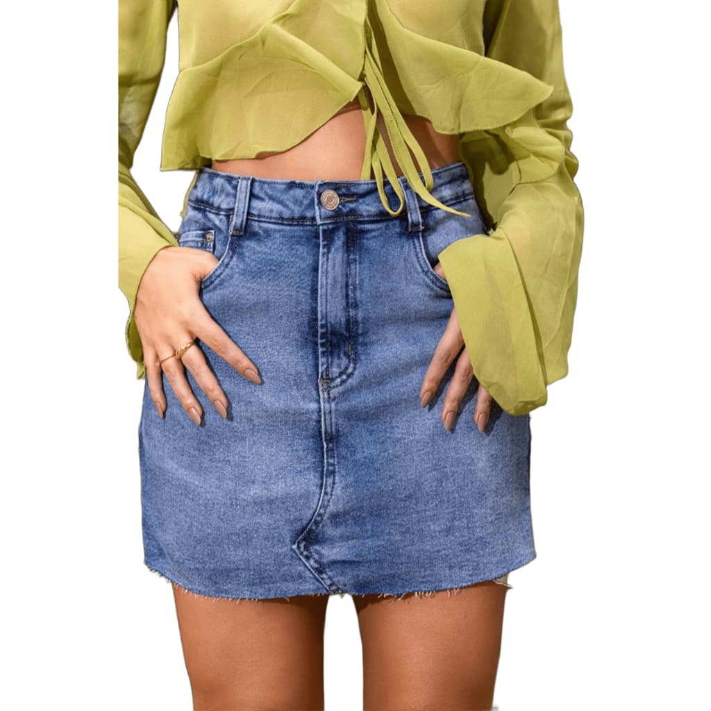 Shorts Saia Jeans Feminino Cintura Alta Barra Giletada com elastano curto com lycra confortavel jean