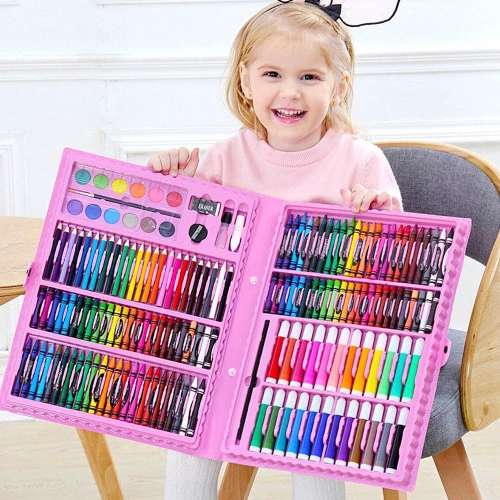 Estojo de Pintura Infantil com Canetinhas, Lápis de Cor e Aquarela Para Colorir - Maleta de Pintar