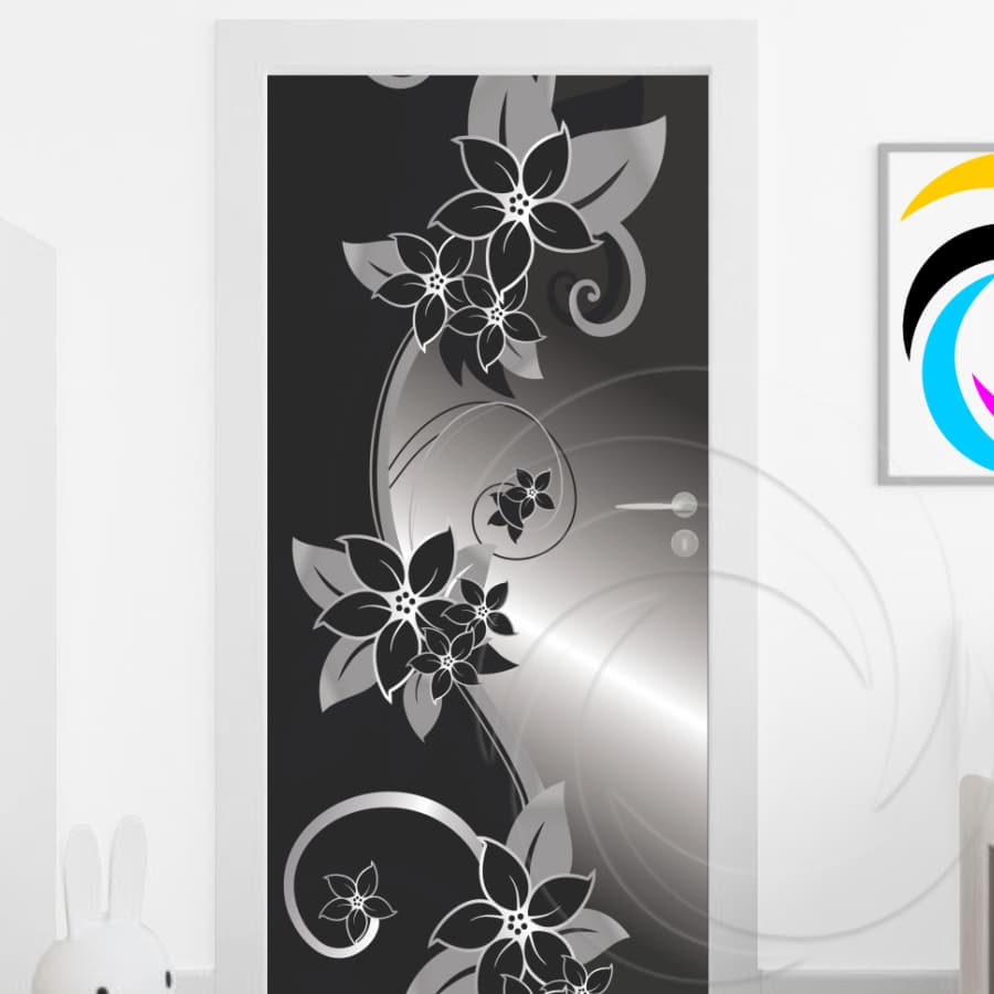 Papel Parede Adesivo para Portas de Madeira ou Vidro Decoração Revestimento Flores - Floral Metalizado Preto 01136