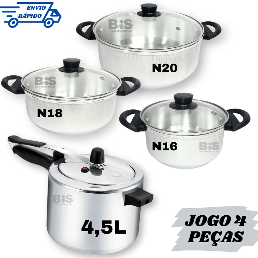 Conjunto 4 Peças Com 3 Panelas Tampa de Vidro 16/20 + Panela De Pressão 4,5 Litros Polida