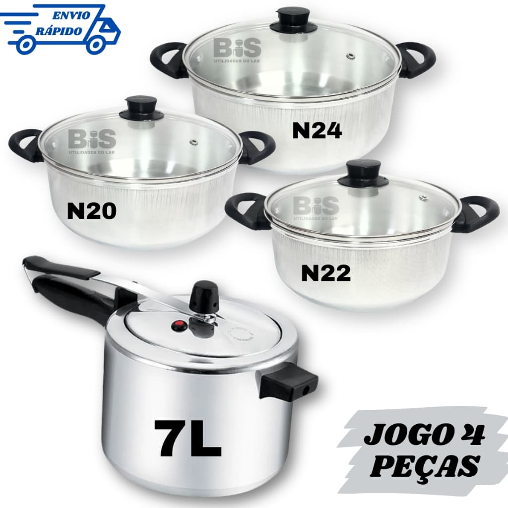 Jogo 4 Peças Com 3 Panelas Tampa de Vidro 20/22/24 + Panela De Pressão 7 Litros Polida Otima Pressão