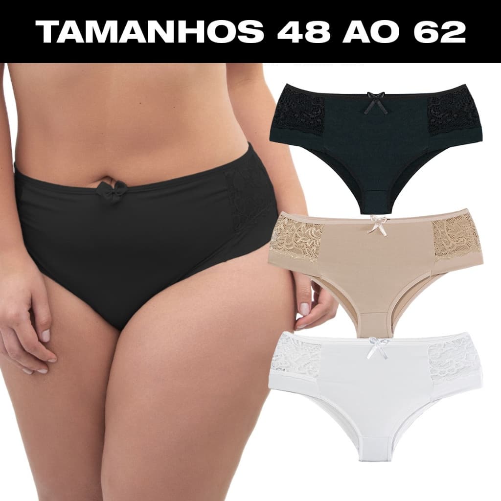 Kit 3 Calcinhas Plus Size Cós Alto Detalhes Em Renda Sensual do 48 ao 62