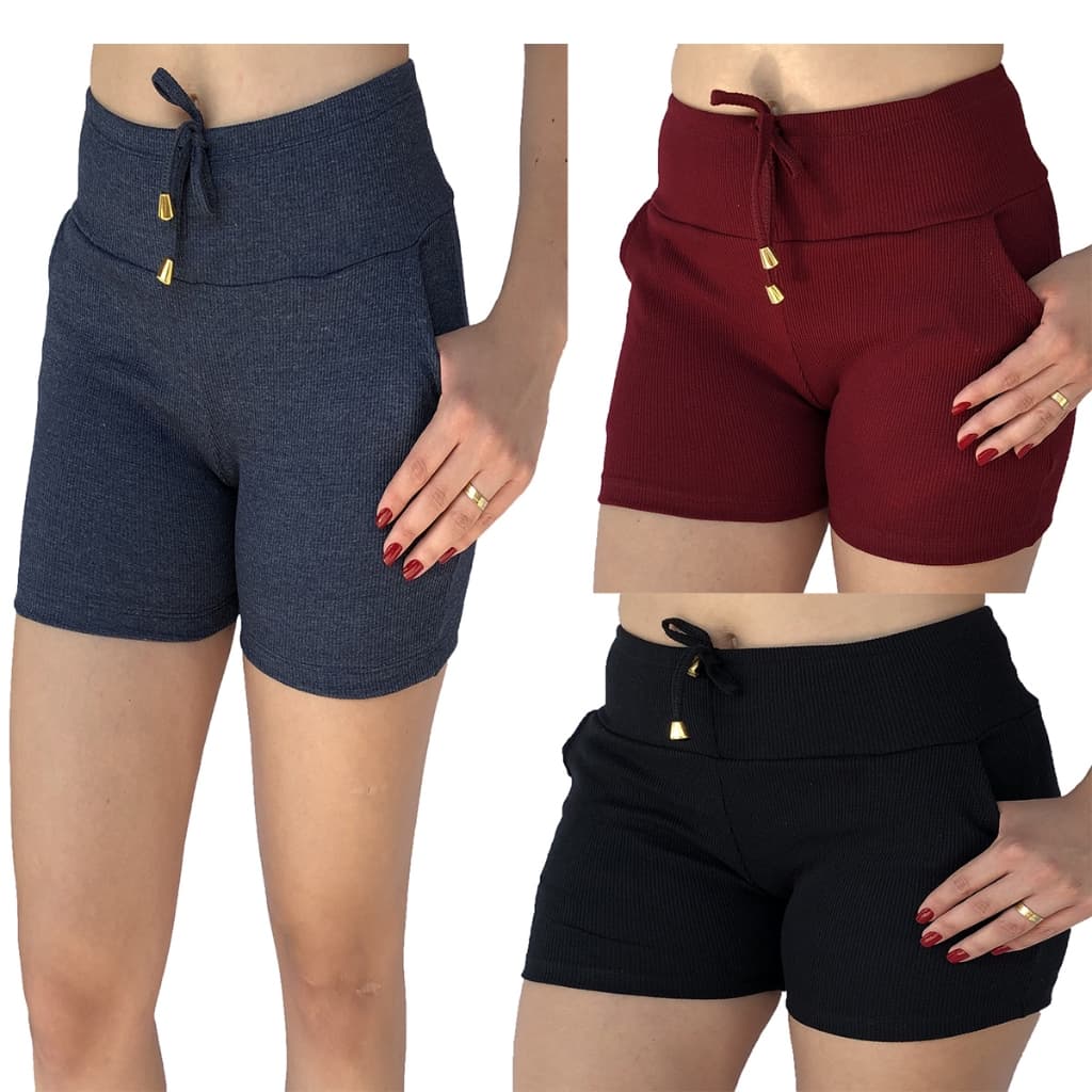 Kit 3 Short feminino meia coxa cintura alta Bermuda feminina meia coxa com Elastano