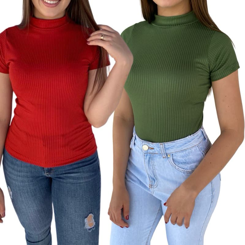 kit 2 Blusa feminina canelada manga curta gola alta Camiseta canelada feminina