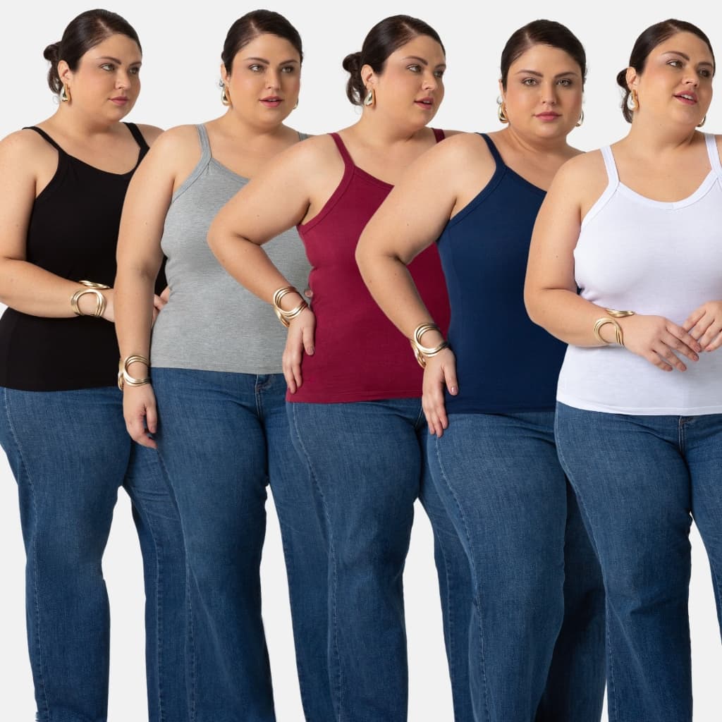 Kit 5 Regatas Básica Feminina Moda Plus Size Confortável P até G4 1123-KIT5