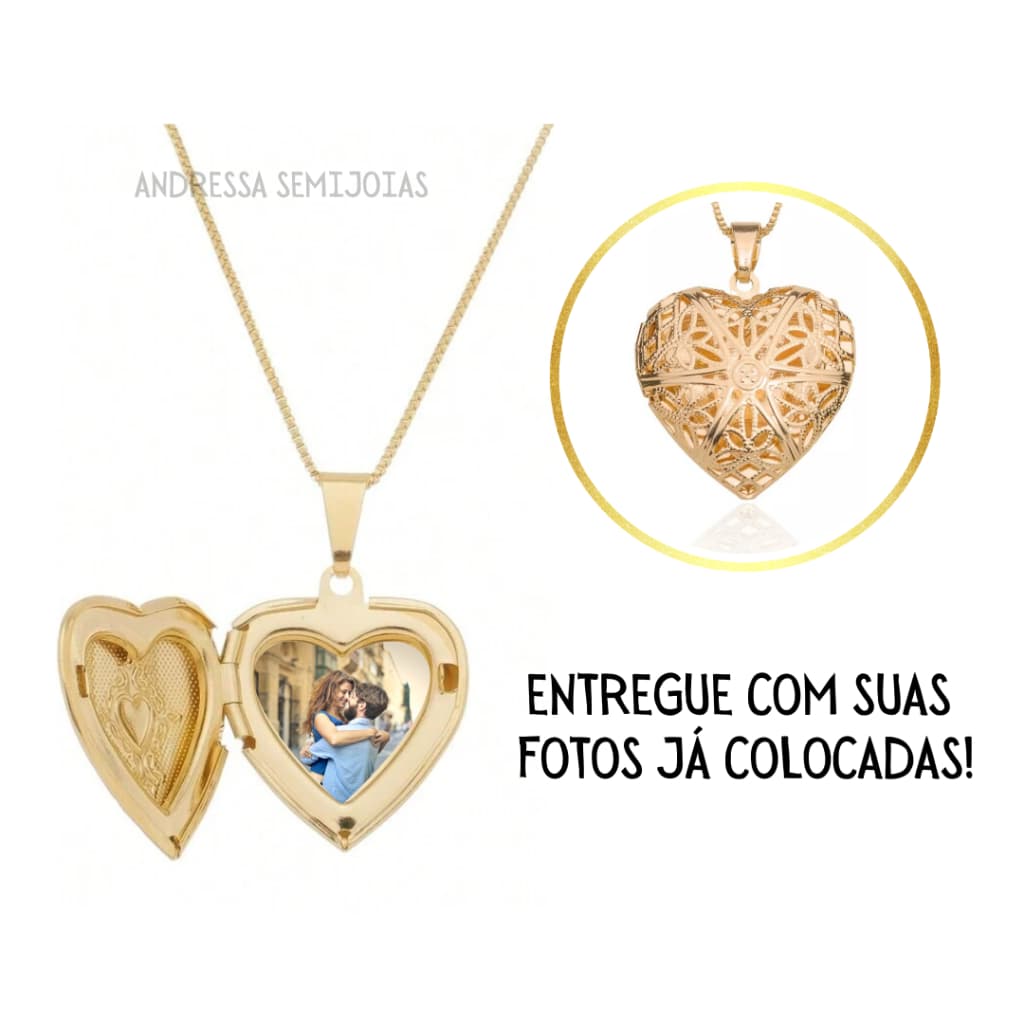 Colar Relicário Coração Personalizado Com Foto Casal, Namorada, Bebê, Semijoia Banhado a Ouro 18k