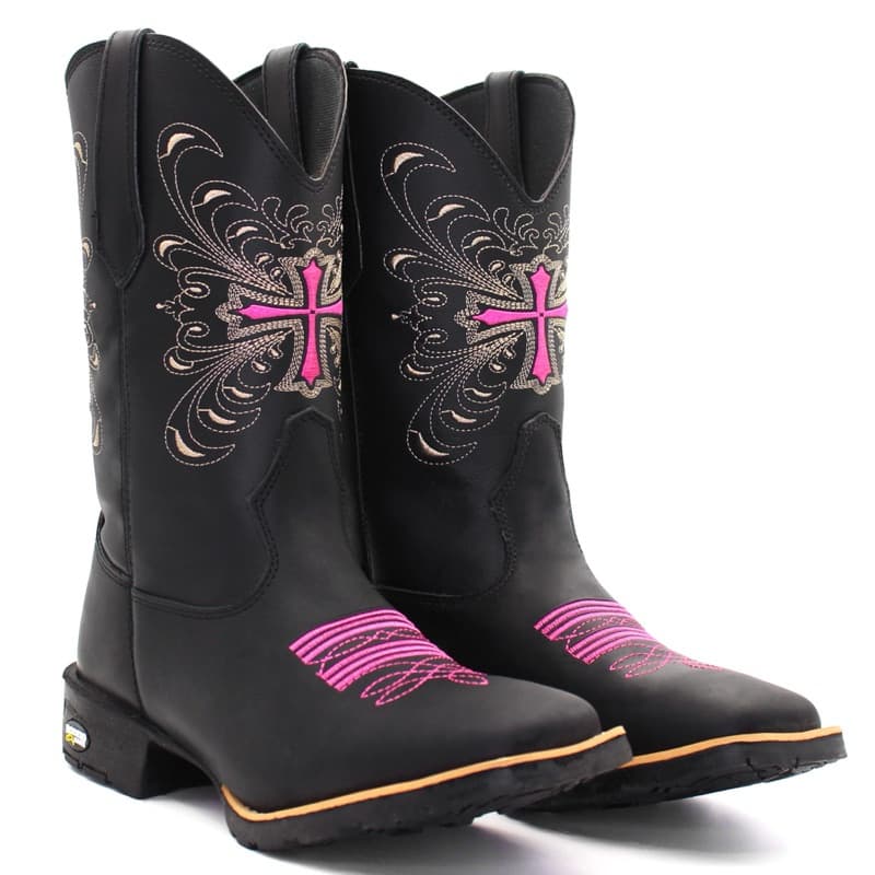 Bota Texana Feminina Em Couro Country Botina Bico Quadrado