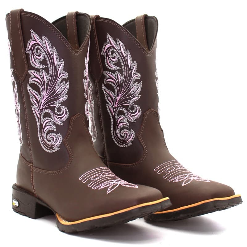 Bota Texana Feminina Em Couro Country Botina Bico Quadrado