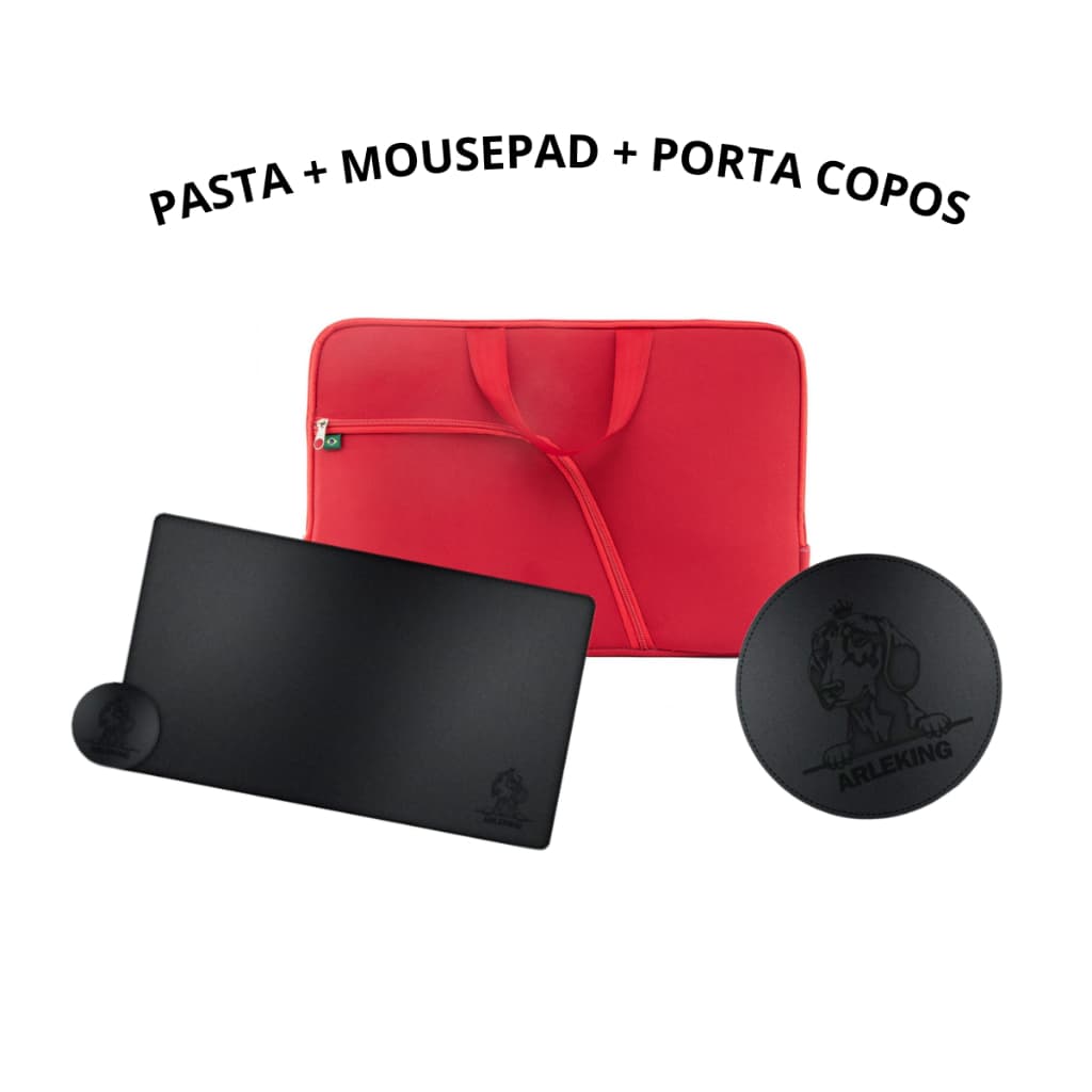 Pasta Notebook Case Resistente + Mousepad 90x40 Gamer Profissional Impermeável + Porta Copos