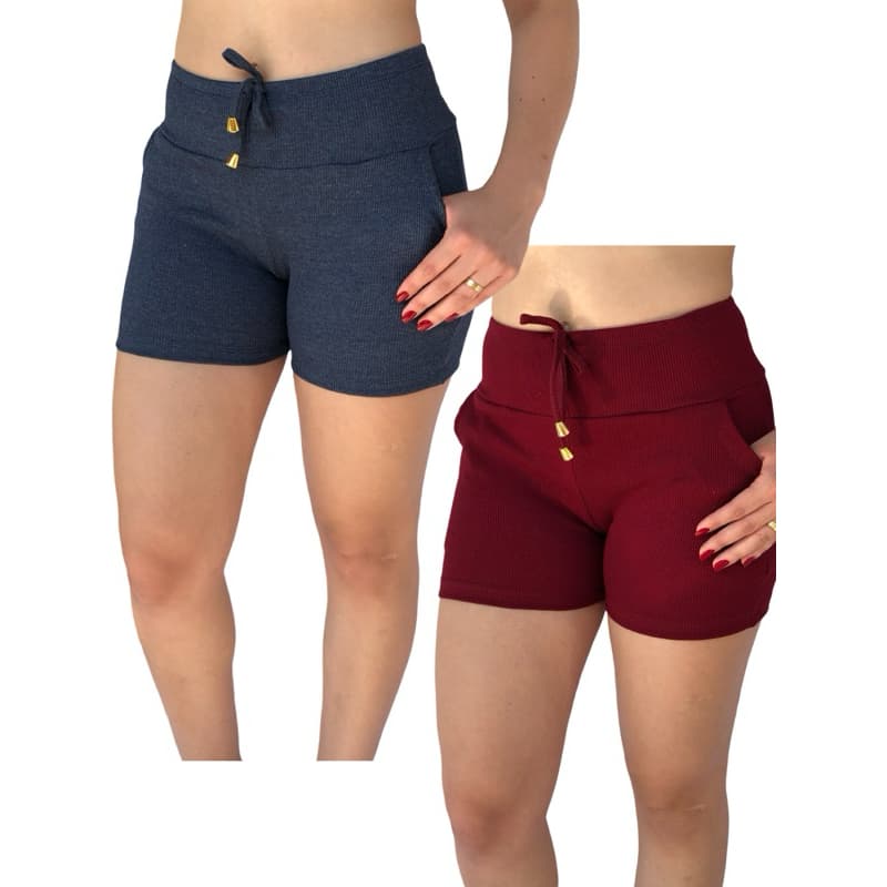 kit 2 Short feminino canelado cintura alta meia coxa Bermuda feminina