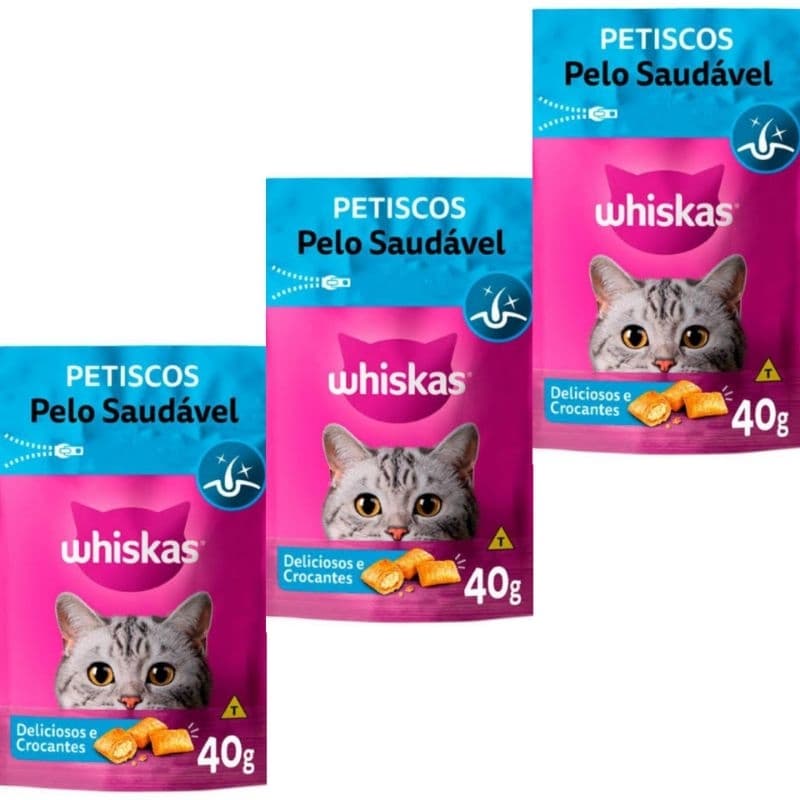 Kit com 3 Petisco Whiskas Pelo Saudável Gatos Adultos 40g cada