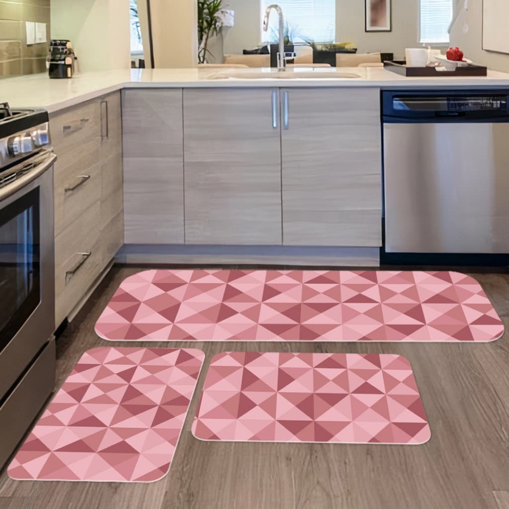 Kit com 3 Tapetes para Cozinha Decorativos Exclusivo Geométrico Rosa