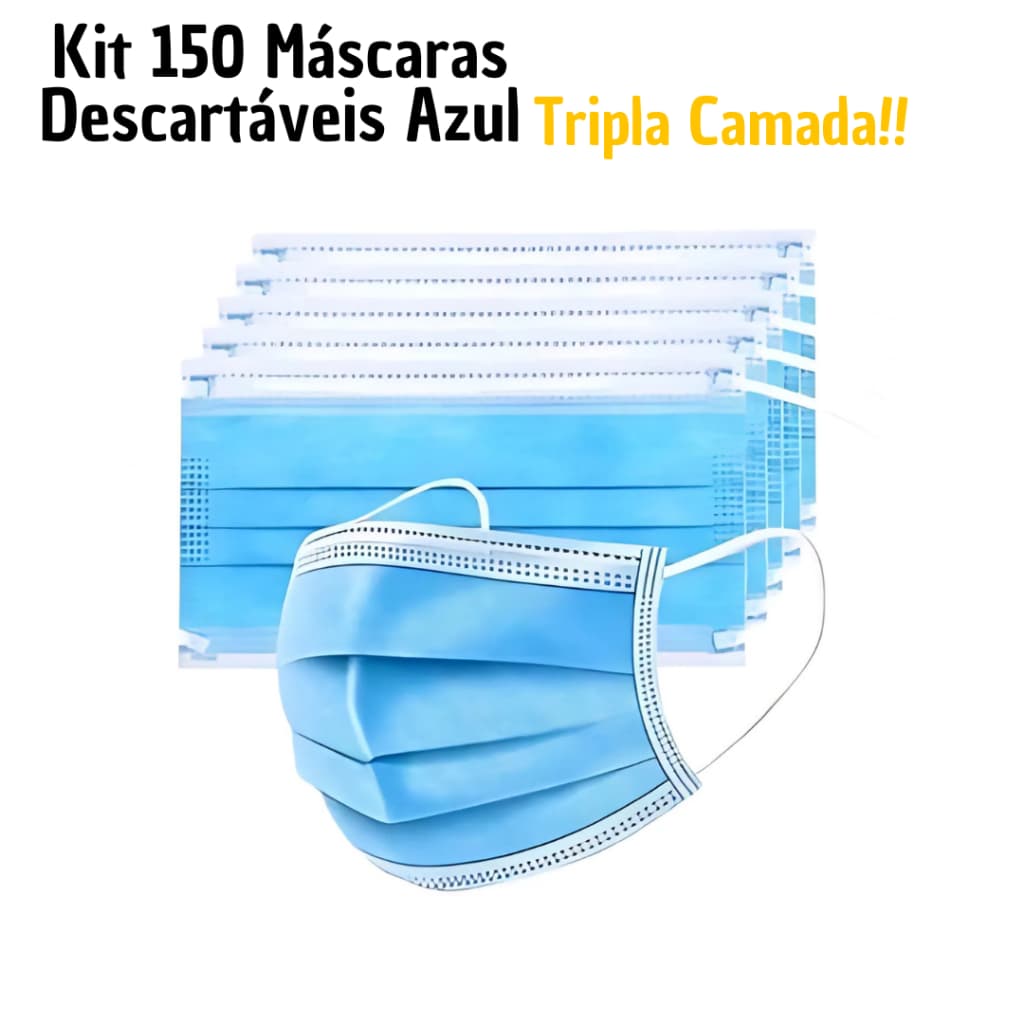 Máscara Descartável Kit 150 Unidades Tripla Camada Adulto AZUL