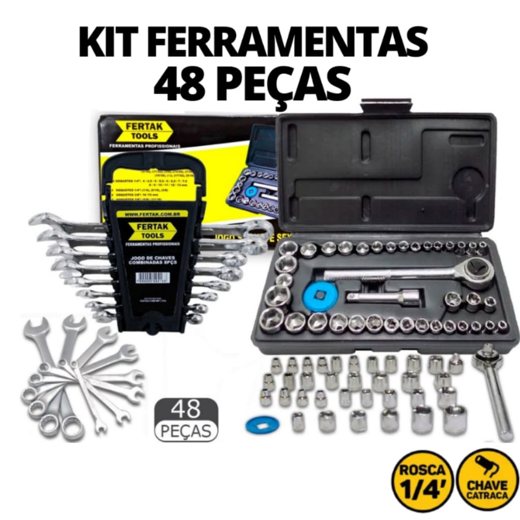 Kit Jogo Soquete Com 40 Peças + Jogo Chave Combinada Com 8 Peças - Ferramentas Fertak