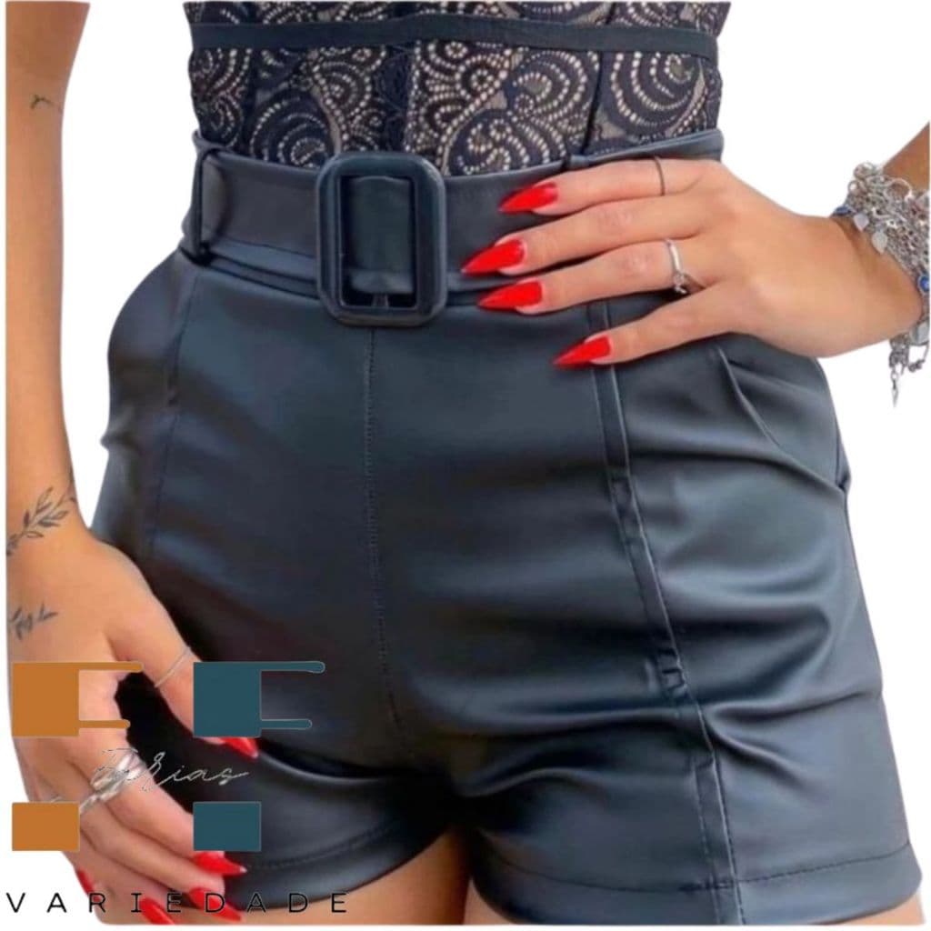 Shorts Feminino De Couro De Fivela Preto Em Promoção Bolsos Funcional Moda 2024
