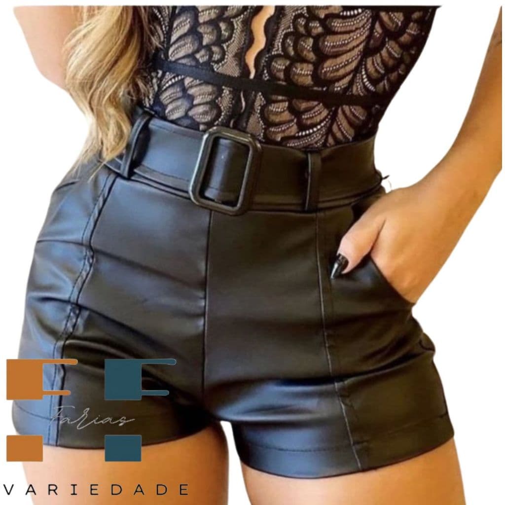 Short Courino Feminina Nova Modelagem Tecido Couro Fake De Fivela P Ao GG Envio Imediato