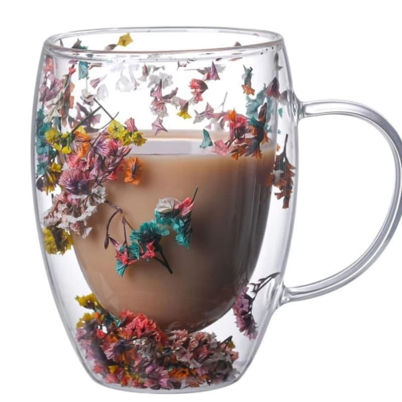 Xicara 350ml Parede Dupla Vidro Copo De Flores Secas  Jardim Decoraçao Resistente Elegante