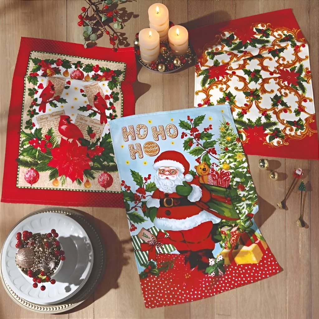 Kit Pano de Prato de Natal 3 peças Felpudo Estampado 100% Algodão Dohler
