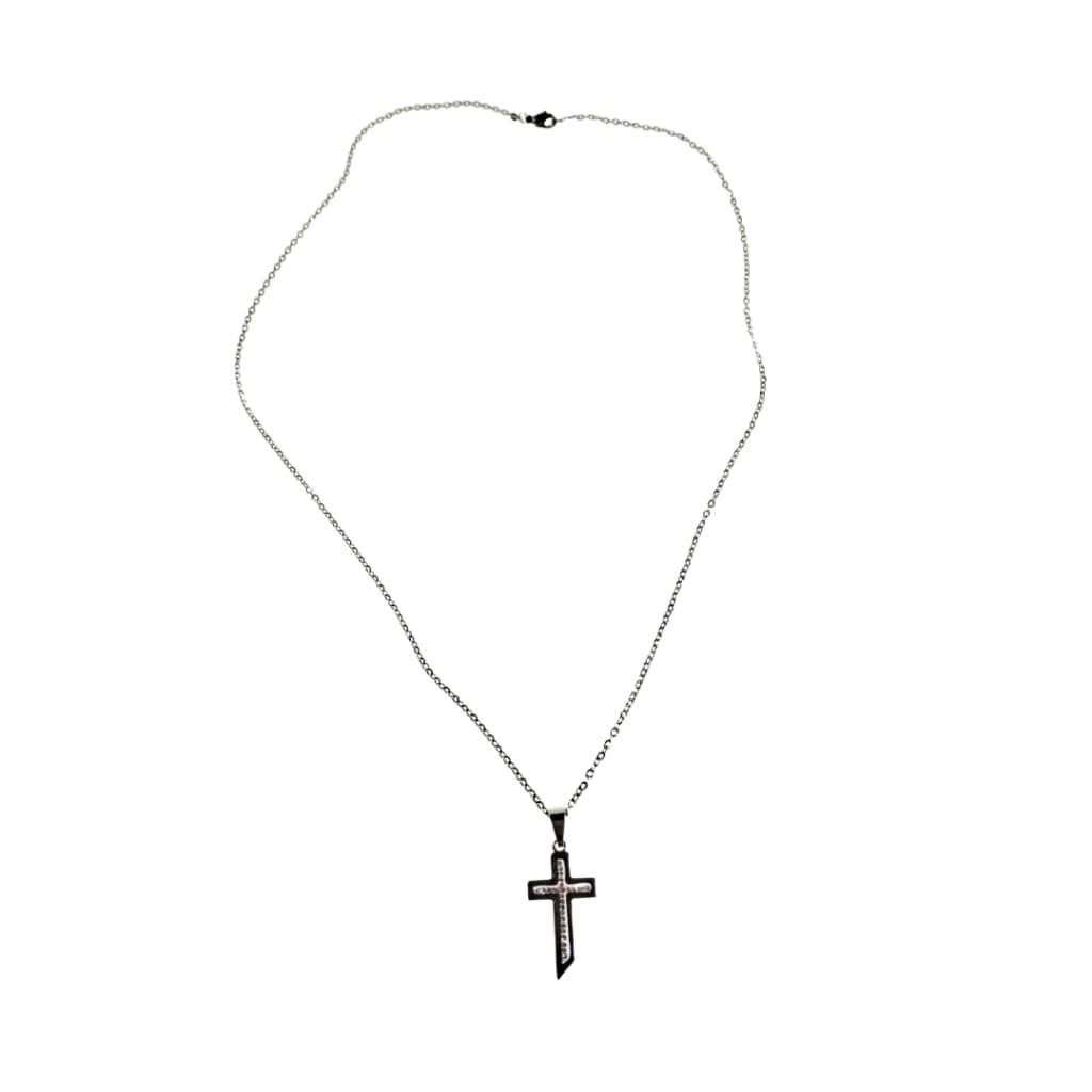 COLAR E PINGENTE EM AÇO INOXIDÁVEL CRUZ COM STRASS