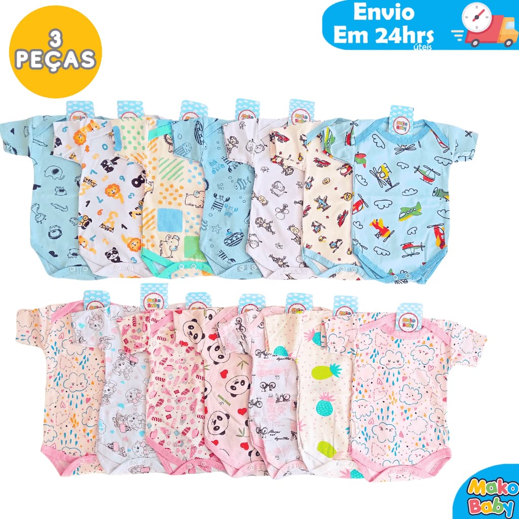 Body Bebe Kit 3 Peças Recém Nascido Estampado Manga Curta 100% Algodão